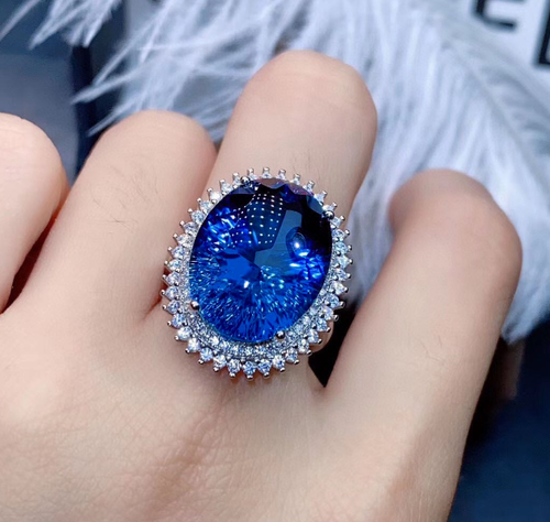 Sapphire look Luxury quality platinum plated zircon ring adjustable with box