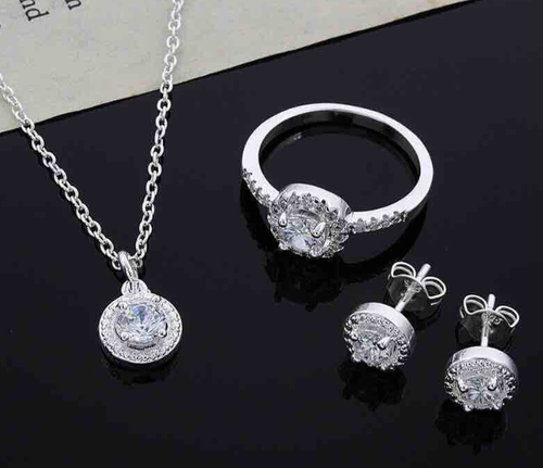 DIAMOND CUT RHODIUM PLATED PENDANT CHAIN, EARRINGS AND RING SET BOX PACKED