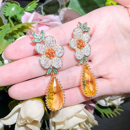 RADIANT SUNBURST ZIRCON STONES HIGHLY FINISHED RHODIUM PLATED ART NOVEAU LUXURY EARRINGS