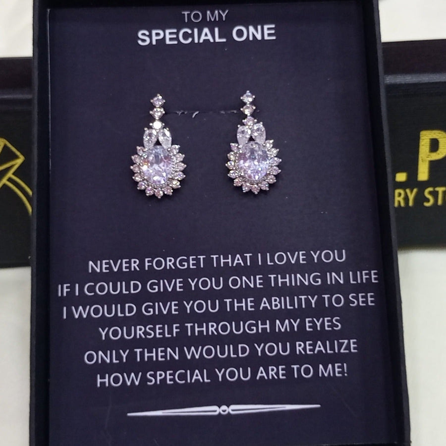 ZIRCON STONES HIGHLY FINISHED RHODIUM PLATED LUXURY EARRINGS WITH SPECIAL BOX