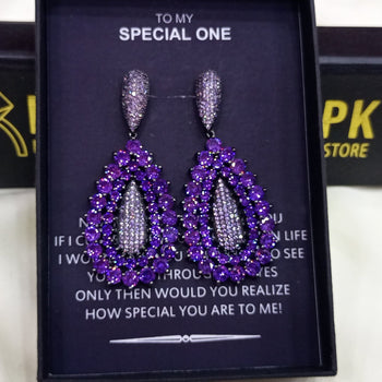 THREE GRACES AMETHYST LOOK LUXURY RHODIUM PLATED EARRINGS