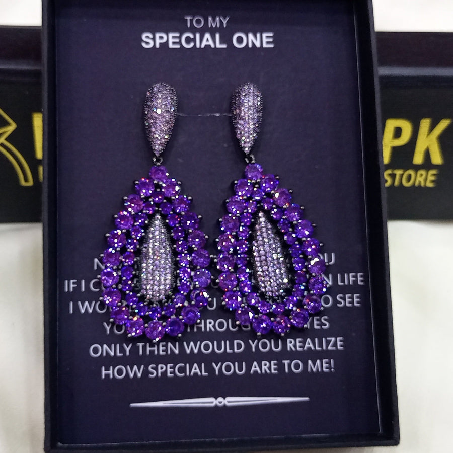 THREE GRACES AMETHYST LOOK LUXURY RHODIUM PLATED EARRINGS