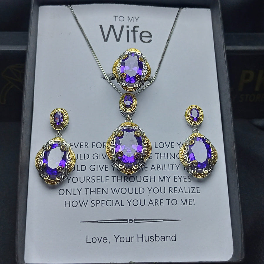 LUXURY AMETHYST MIX PENDANT CHAIN, EARRINGS AND RING SET BOX PACKED
