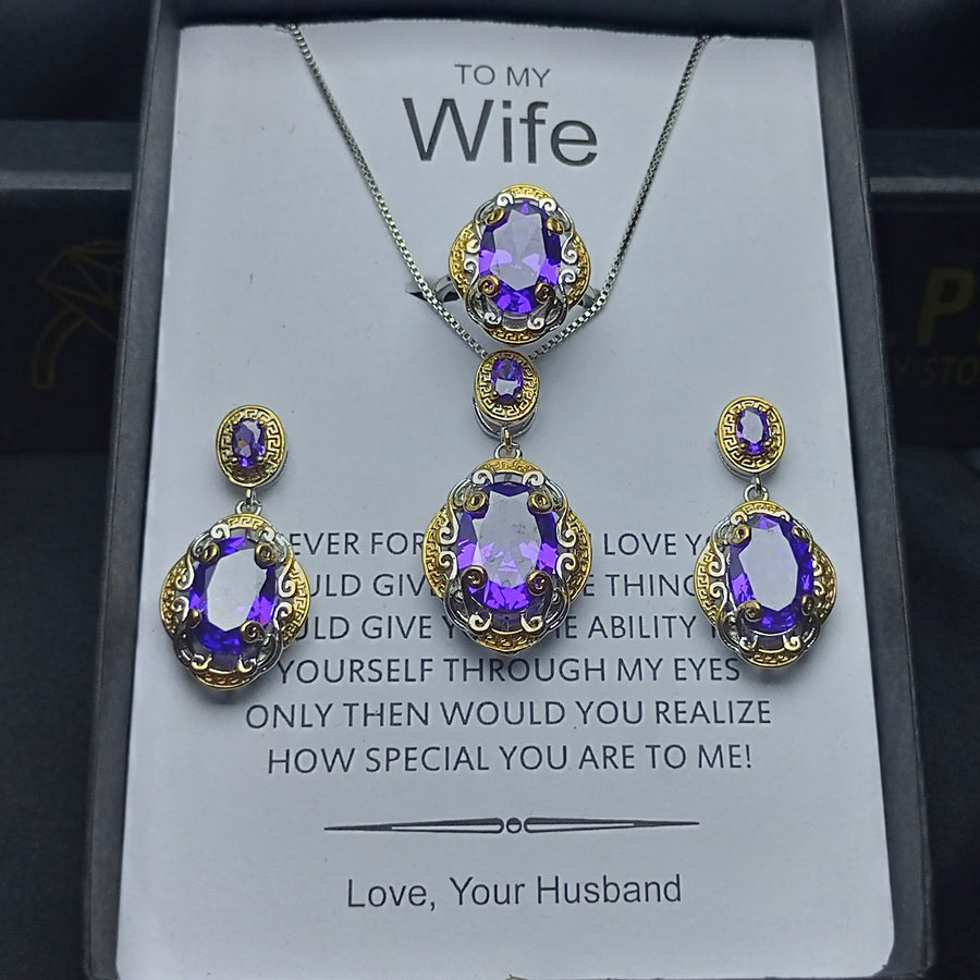 LUXURY AMETHYST MIX PENDANT CHAIN, EARRINGS AND RING SET BOX PACKED