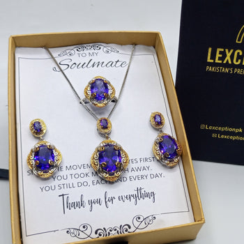 LUXURY AMETHYST MIX PENDANT CHAIN, EARRINGS AND RING SET BOX PACKED