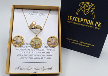 LUXURY GOLD LOOK PENDANT CHAIN EARRINGS RING WITH FREE BOX