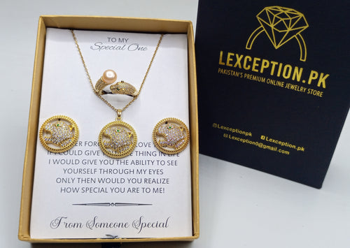 LUXURY GOLD LOOK PENDANT CHAIN EARRINGS RING WITH FREE BOX