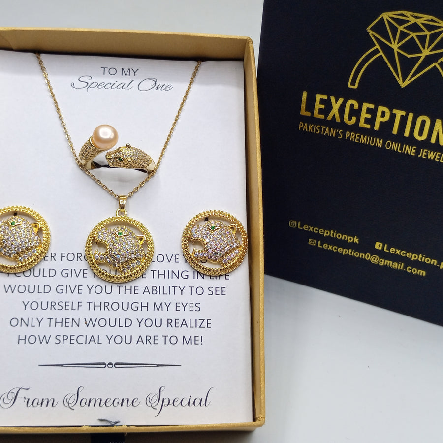 LUXURY GOLD LOOK PENDANT CHAIN EARRINGS RING WITH FREE BOX