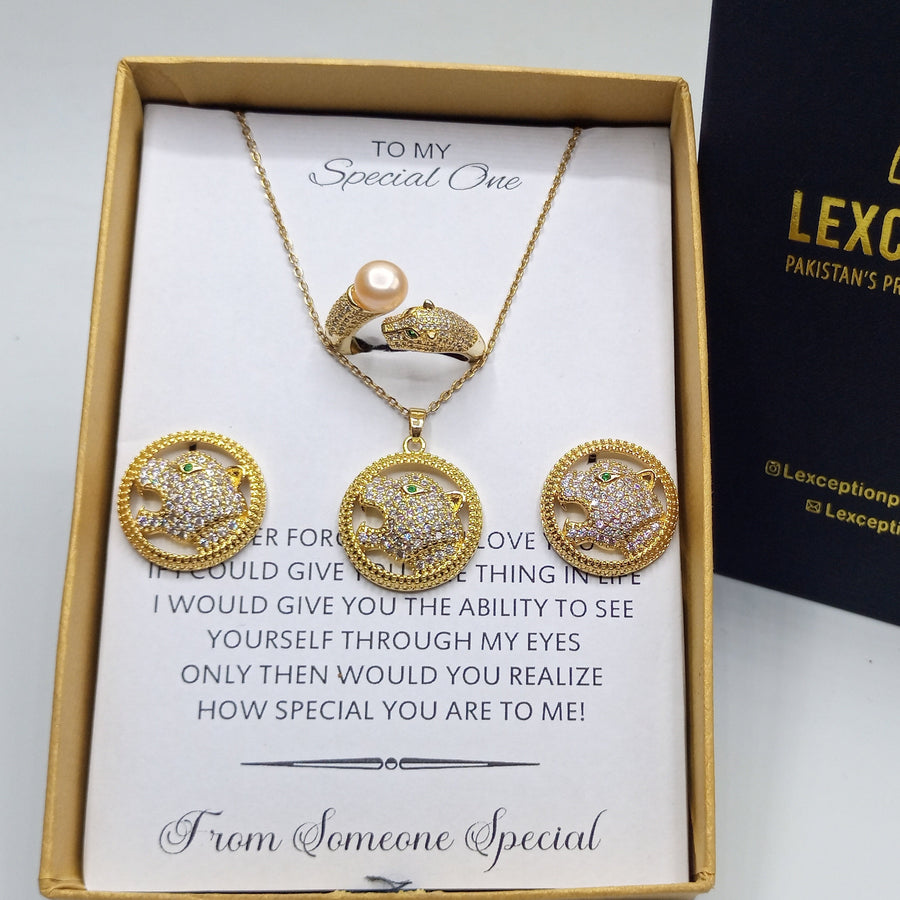 LUXURY GOLD LOOK PENDANT CHAIN EARRINGS RING WITH FREE BOX