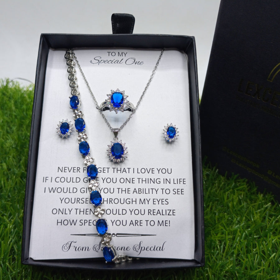 SAPPHIRE LOOK PENDANT CHAIN EARRINGS RING AND BRACELET WITH FREE BOX