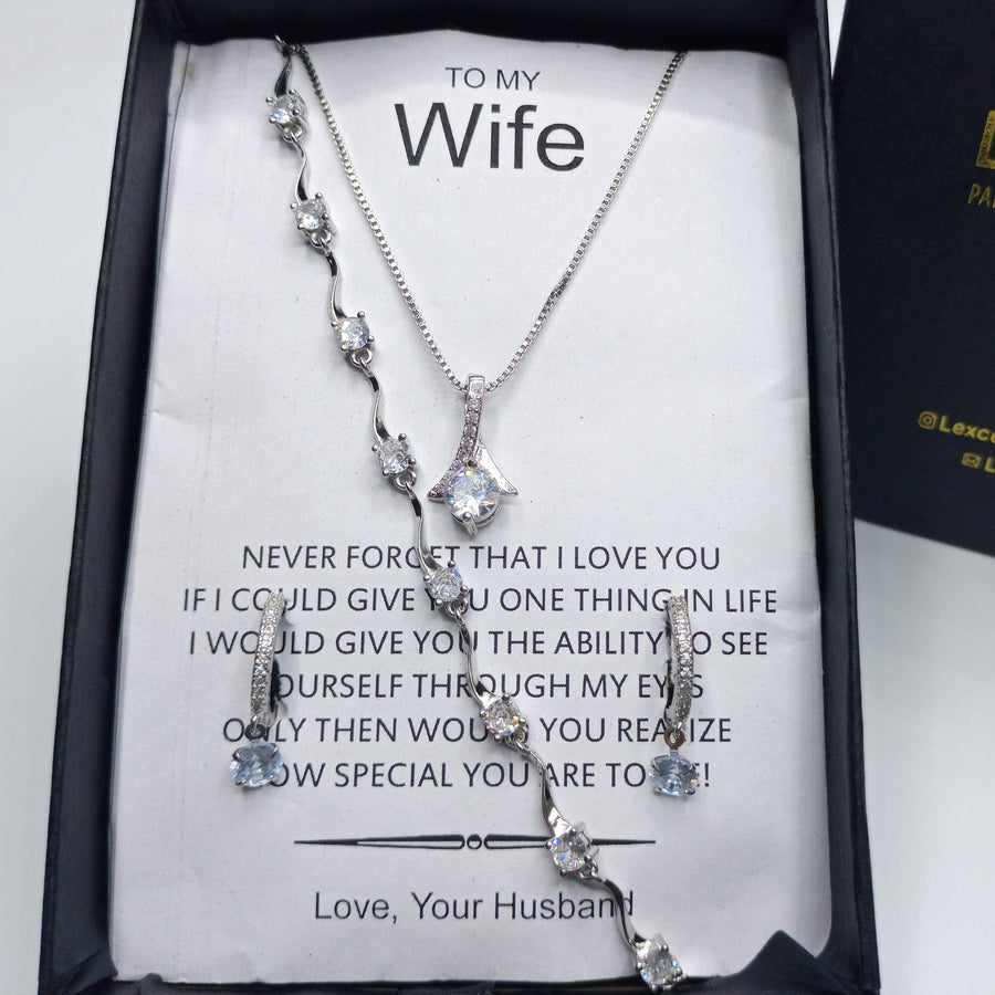 LUXURY DIAMOND LOOK PENDANT CHAIN EARRINGS RING AND BRACELET WITH FREE BOX
