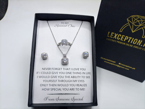 DIAMOND CUT LUXURY PENDANT CHAIN EARRINGS AND RING SET WITH BOX PACKING