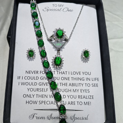 EMERALD LOOK RHODIUM PLATED  GIFT SET WITH BOX LUXURY QUALITY AND PACKING
