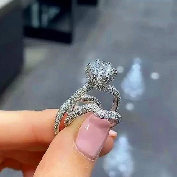 Luxury three piece ring set rhodium plated diamond cut gift set for her