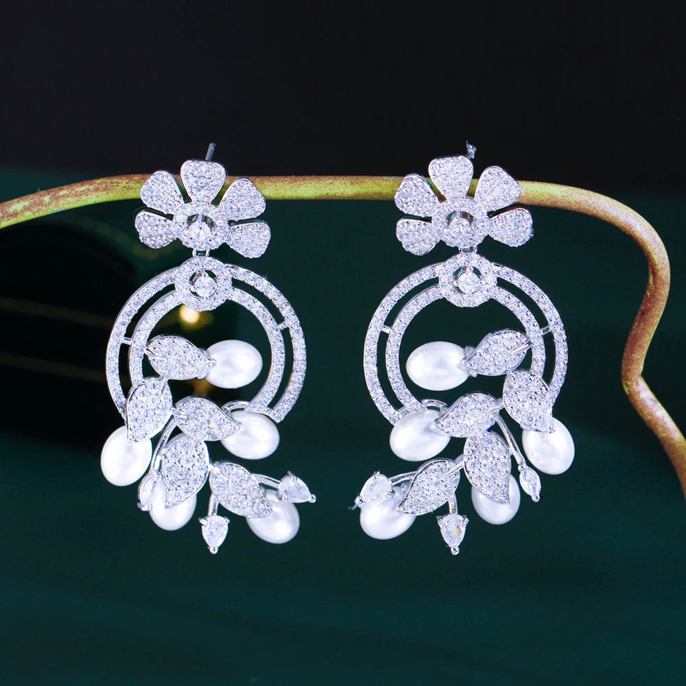 ZIRCON STONES HIGHLY FINISHED RHODIUM PLATED ART NOVEAU LUXURY EARRINGS