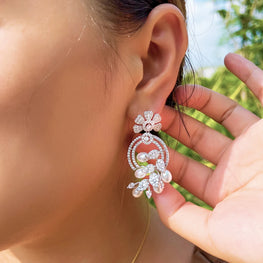 ZIRCON STONES HIGHLY FINISHED RHODIUM PLATED ART NOVEAU LUXURY EARRINGS