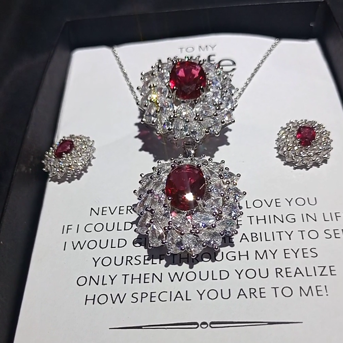 RUBY DIAMOND CUT EXCLUSIVE AND LUXURY QUALITY PENDANT CHAIN EARRINGS AND RING SET BOX PACKED