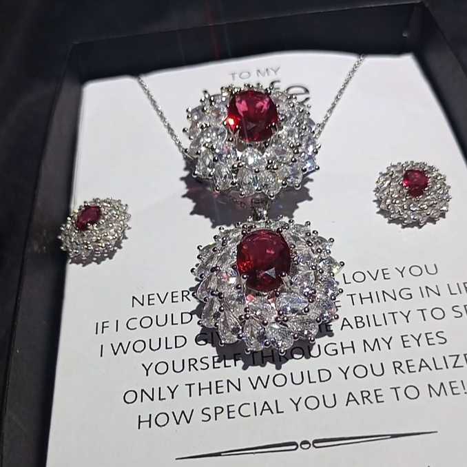 RUBY DIAMOND CUT EXCLUSIVE AND LUXURY QUALITY PENDANT CHAIN EARRINGS AND RING SET BOX PACKED