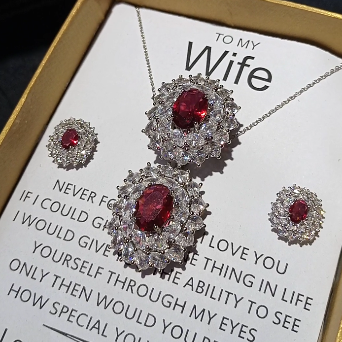 RUBY DIAMOND CUT EXCLUSIVE AND LUXURY QUALITY PENDANT CHAIN EARRINGS AND RING SET BOX PACKED