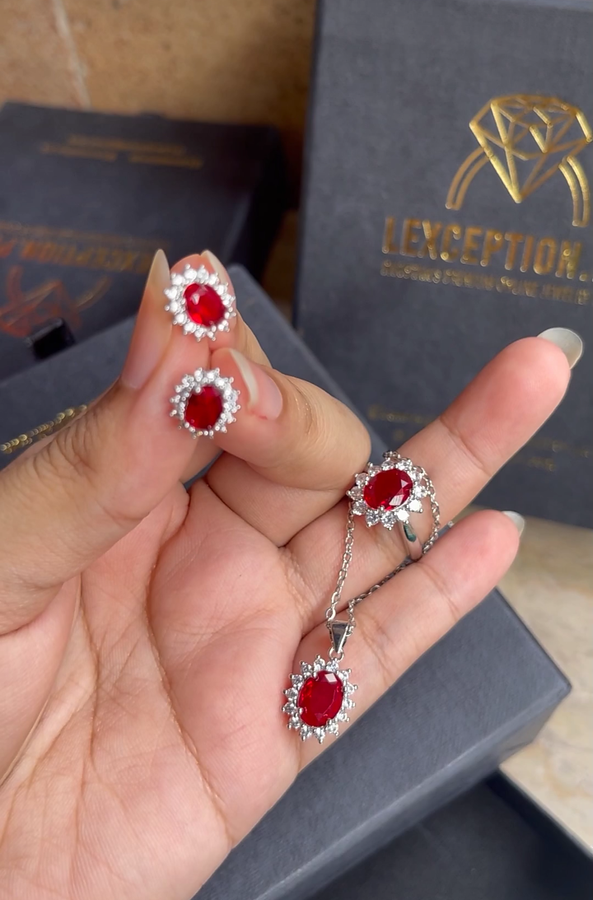 RUBY LOOK ZIRCON PENDANT CHAIN EARRINGS RING SET