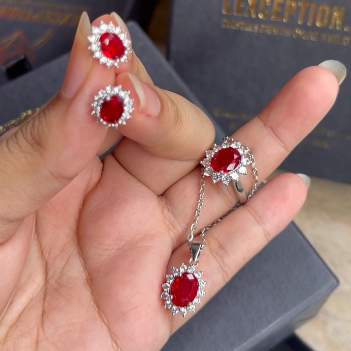 RUBY LOOK ZIRCON PENDANT CHAIN EARRINGS RING SET