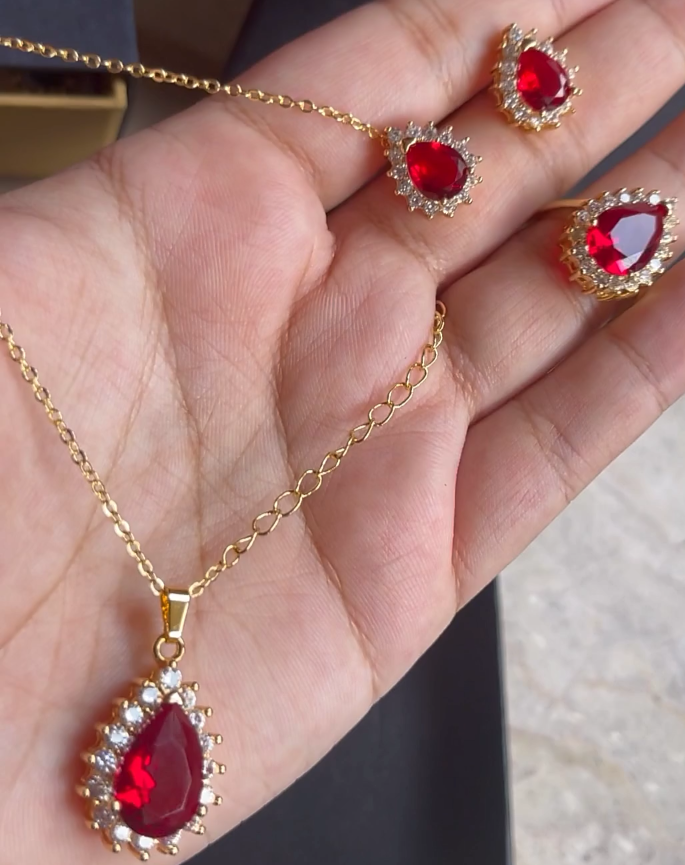 RUBY GOLD LOOK NECKLACE EARRINGS AND ADJUSTABLE RING SET