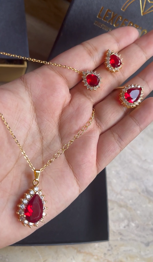 RUBY GOLD LOOK NECKLACE EARRINGS AND ADJUSTABLE RING SET