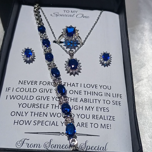 SAPPHIRE LOOK PENDANT CHAIN EARRINGS RING AND BRACELET WITH FREE BOX