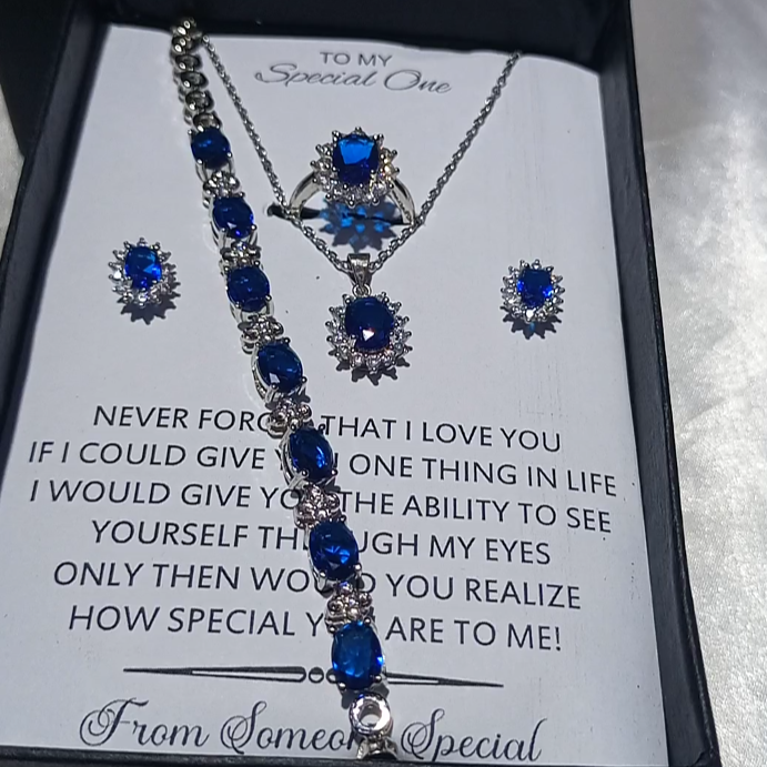 SAPPHIRE LOOK PENDANT CHAIN EARRINGS RING AND BRACELET WITH FREE BOX