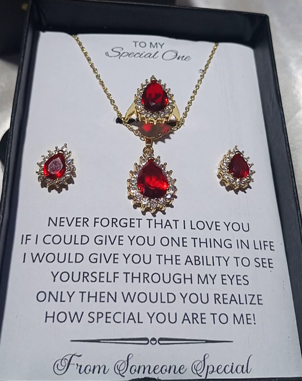 RUBY GOLD LOOK NECKLACE EARRINGS AND ADJUSTABLE RING SET