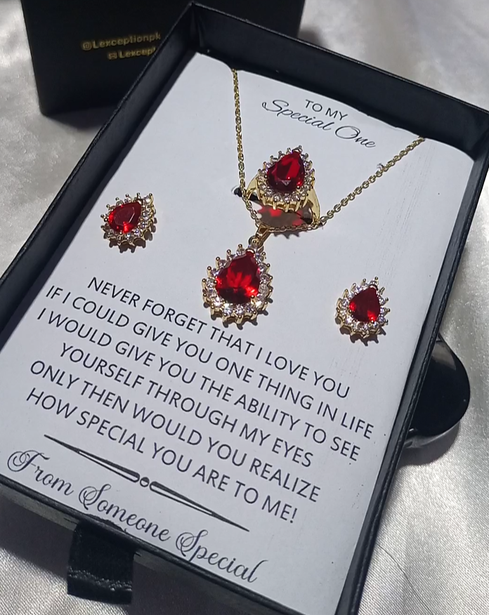 RUBY GOLD LOOK NECKLACE EARRINGS AND ADJUSTABLE RING SET