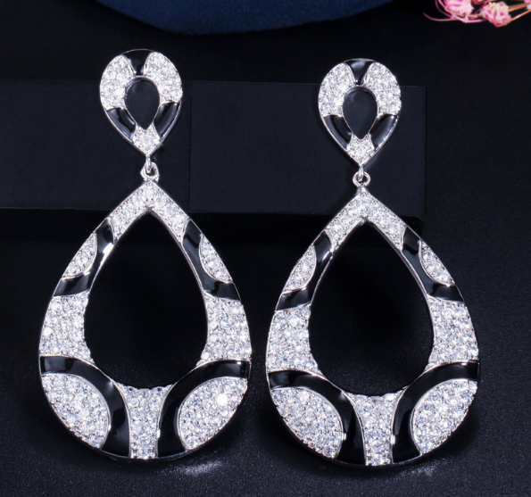 ZIRCON STONES HIGHLY FINISHED RHODIUM PLATED ART NOVEAU LUXURY EARRINGS