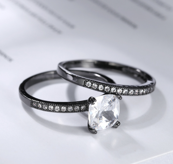 Luxury quality black gun plated zircon ring set of 2