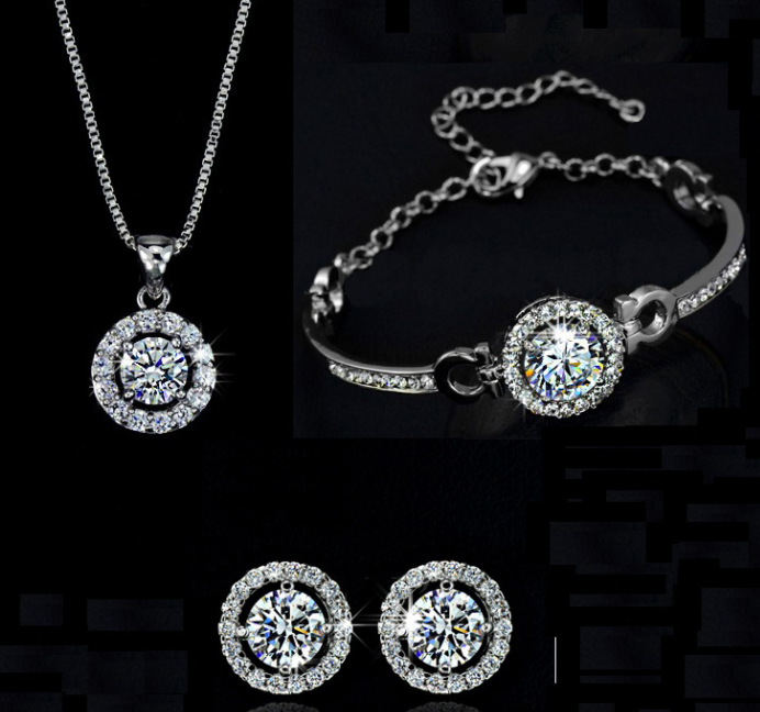 Luxury silver plated zircon pendant chain necklace earrings and bracelet set