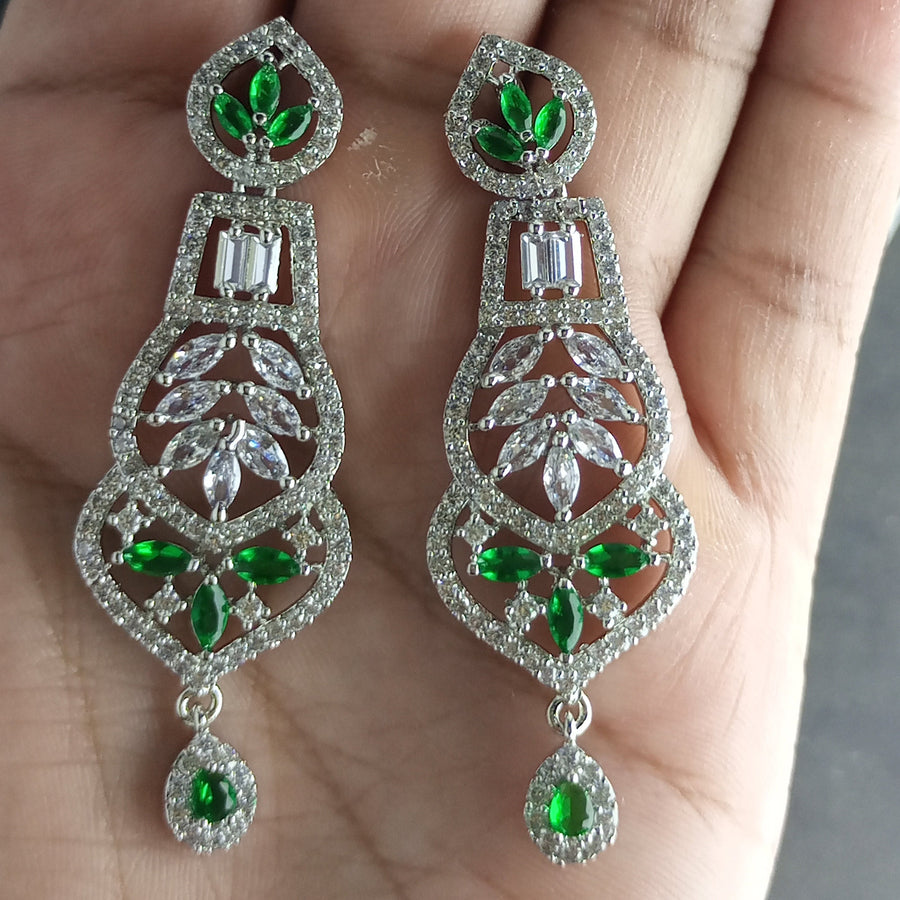 EMERALD LOOK LUXURY RHODIUM PLATED ZIRCON EARRINGS