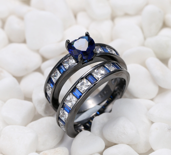 Luxury quality black gun plated zircon ring set of 2