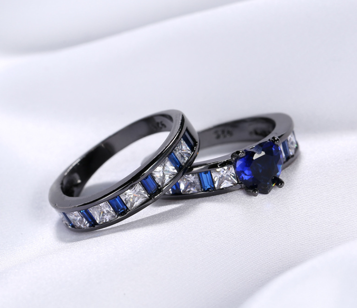 Luxury quality black gun plated zircon ring set of 2