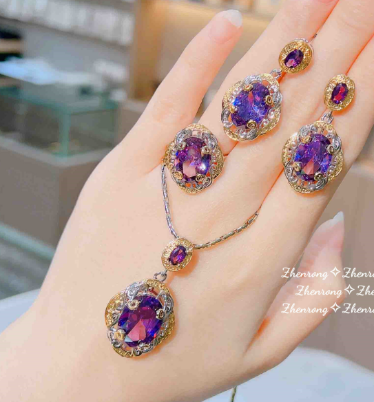 LUXURY AMETHYST MIX PENDANT CHAIN, EARRINGS AND RING SET BOX PACKED