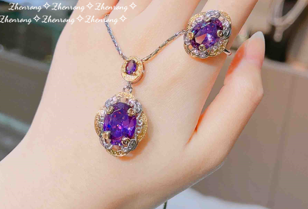 LUXURY AMETHYST MIX PENDANT CHAIN, EARRINGS AND RING SET BOX PACKED