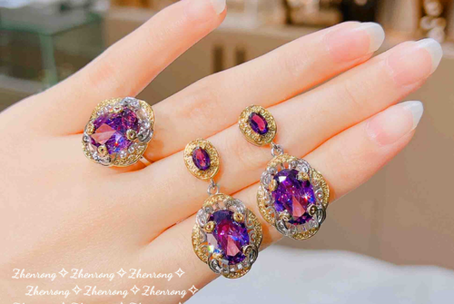 LUXURY AMETHYST MIX PENDANT CHAIN, EARRINGS AND RING SET BOX PACKED