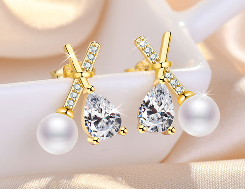 HIGH QUALITY LUXURY WEAR GOLD PLATED PEARL ZIRCON EARRINGS
