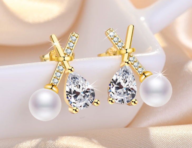 HIGH QUALITY LUXURY WEAR GOLD PLATED PEARL ZIRCON EARRINGS