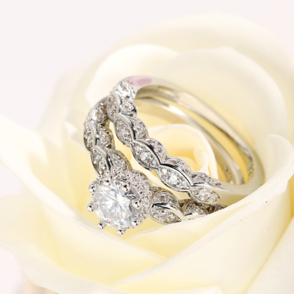 Luxe Travertine platinum plated zircon ring set of 2