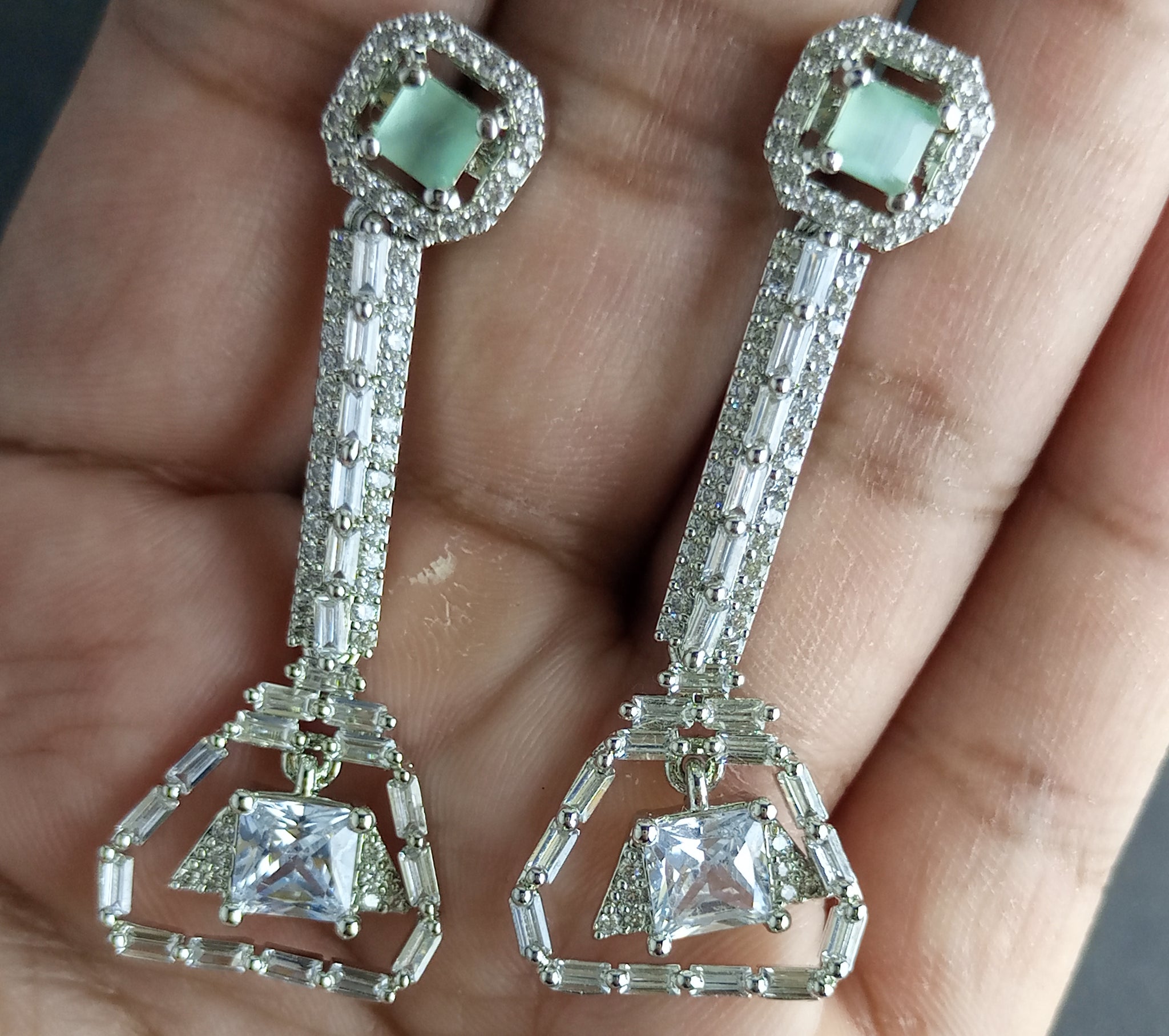 MINT GREEN LUXURY ZIRCON RHODIUM EARRINGS