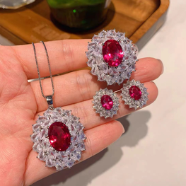RUBY DIAMOND CUT EXCLUSIVE AND LUXURY QUALITY PENDANT CHAIN EARRINGS AND RING SET BOX PACKED