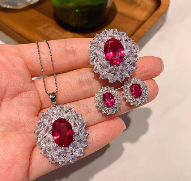 RUBY DIAMOND CUT EXCLUSIVE AND LUXURY QUALITY PENDANT CHAIN EARRINGS AND RING SET BOX PACKED