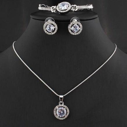 Luxury silver plated zircon pendant chain necklace earrings and bracelet set