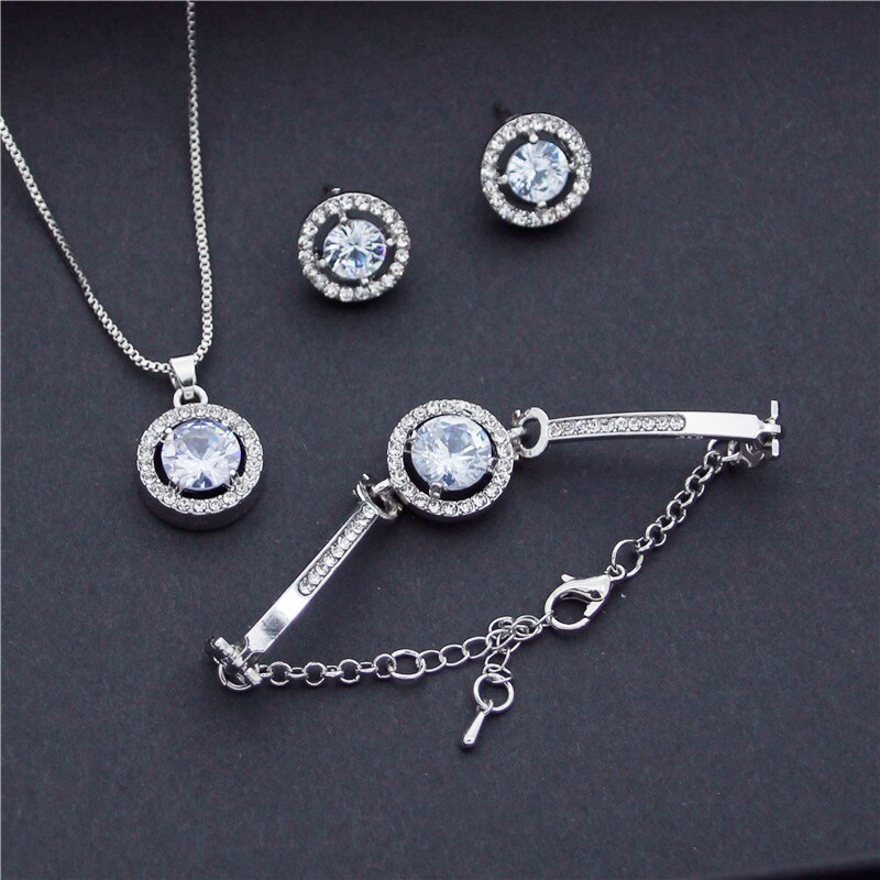 Luxury silver plated zircon pendant chain necklace earrings and bracelet set