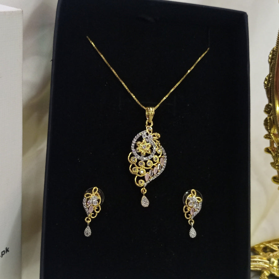 Gold plated necklace earrings zircon set