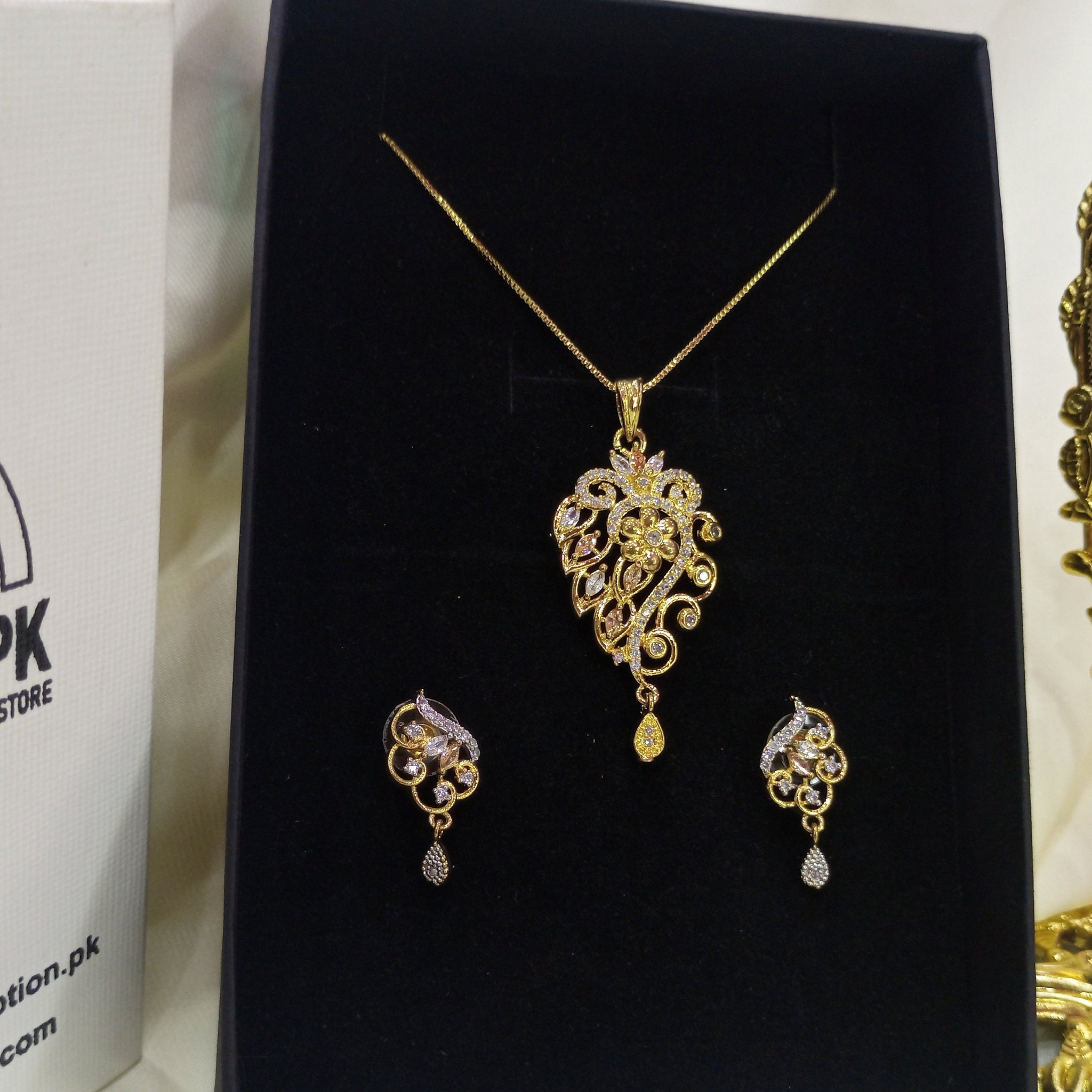 Gold plated necklace earrings zircon set